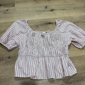 GAP Womens Pink Striped Smocked Peplum Top Puff Sleeve Square Neck NWT Large